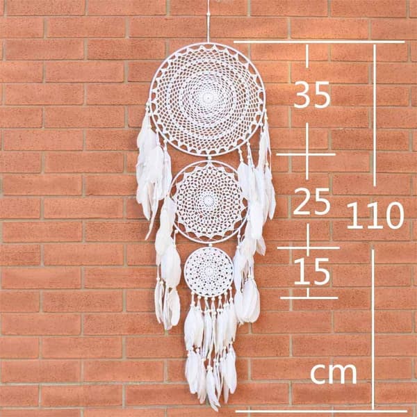 Drømmefanger, boho-stil, med 3 cirkler, hvid fjer, vægophæng, 127*35CM