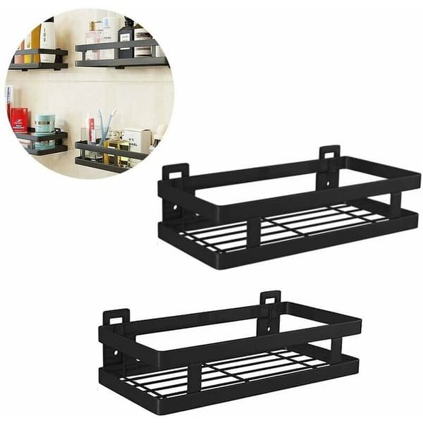 2 stk. 25 cm sort rektangulær opbevaringshylde, badeværelses brusehylde, rustfrit stål, køkken krydderihylde, uden boring
