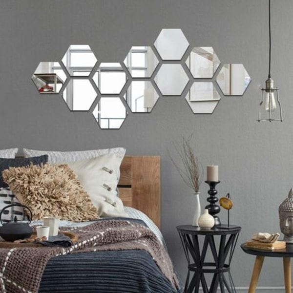 Självhäftande spegel i akryl, väggklistermärken, speglar, väggdekoration, hexagon, 87*100*50mm, silver, 12 stycken