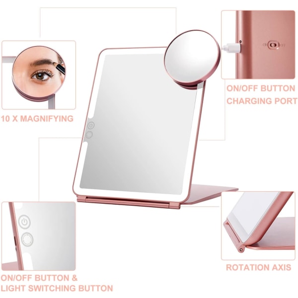 LED Fällbar Skrivbords Makeup Spegel för Kosmetika, Kontor - 7x9 Tum, Bärbar, 3 Färg Ljusmönster USB Laddningsbar Touch Screen, (Rose Gold) Rose Gold
