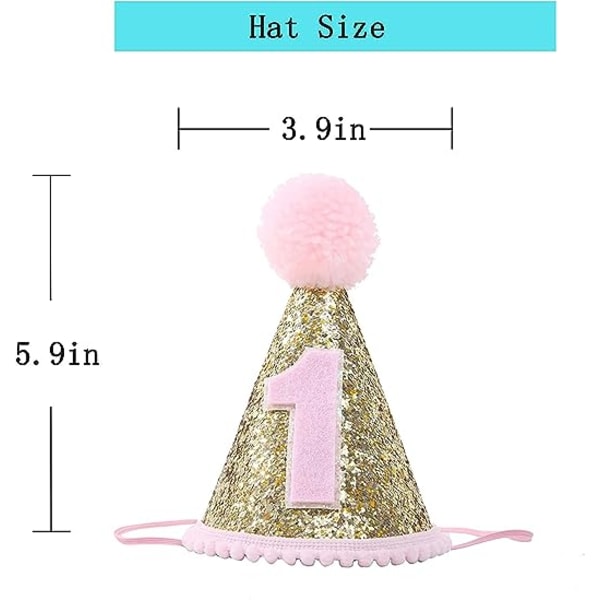 1:a glitter födelsedagskottehattar med pom poms, justerbara pannband Sparkle partyhattar (rosa) color 1