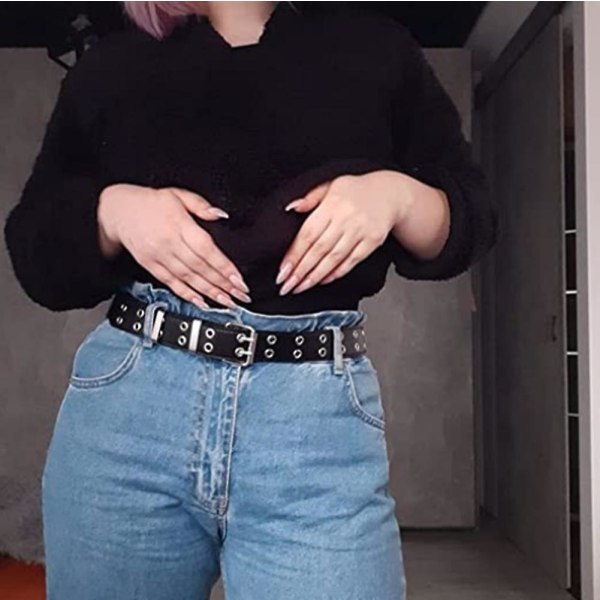 Kvinnors Punk PU Läderbälte Dubbla Hål Justerbart Midjebälte Jeansbälte White