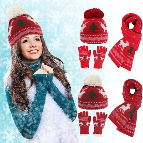 Jul stickad dam vinter varm mössa handskar ren halsduk set wine red