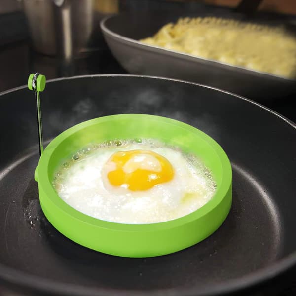 4 stk silikon eggering/pannekakeform. Runde silikon kokeringer med håndtak (grønn) green
