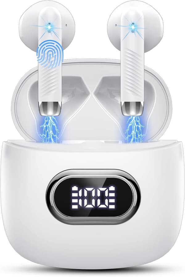 Trådløse Bluetooth 5.3-øretelefoner, vanntett stereo Bluetooth-hodesett, USB-C-lading Bluetooth White