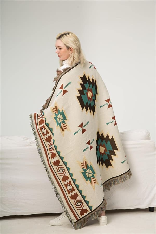 Boho frynseteppe Etnisk stil vevd pledd Geometrisk aztekmønster pledd 90 x 180 cm