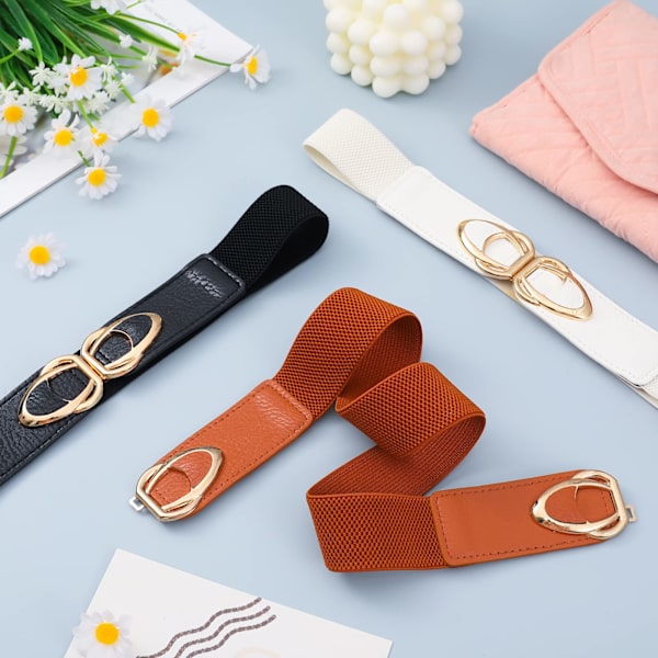 3 st dam breda bälte, elastiskt midjebälte, retro stretch midjebälte med metallspänne