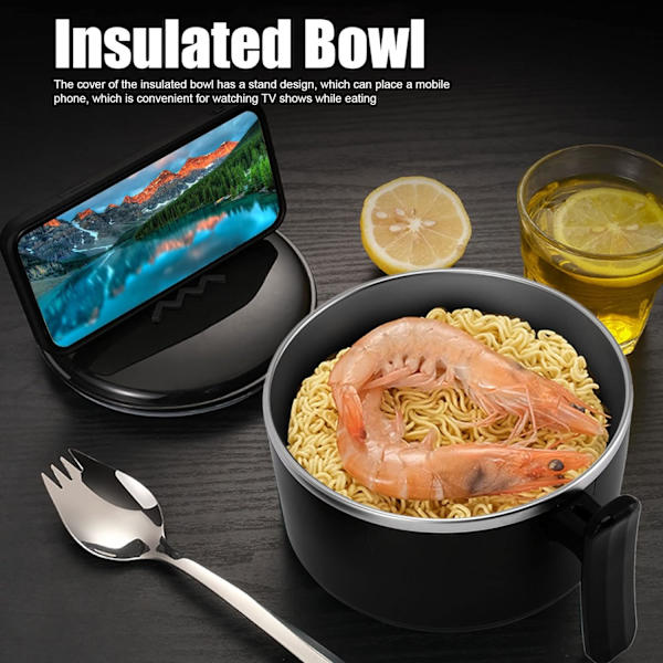 Isolerad skål, Ramen skål, 304 Rostfritt stål Dubbel Instant Pastaskål med lock (Svart) Black