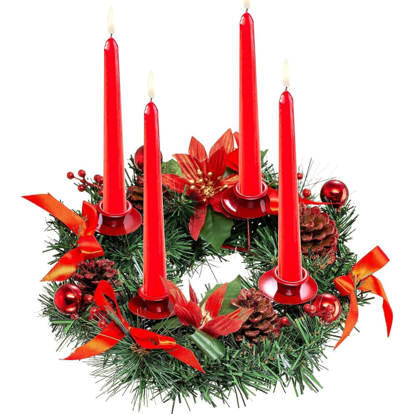 Adventskrans konstgjord ljusstake-julkrans med 4 ljushållare (röd, 30 cm) Red