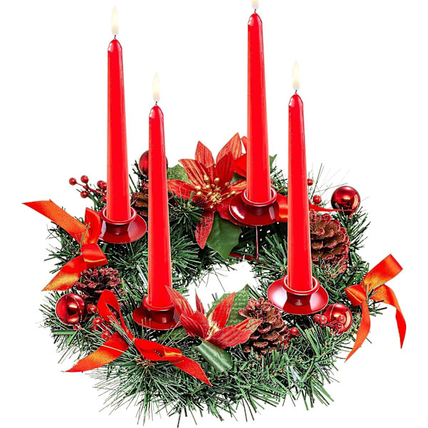 Adventskrans Konstgjord Ljusstake - Julkrans med 4 Ljusstakar（Röd, 30 cm） Red