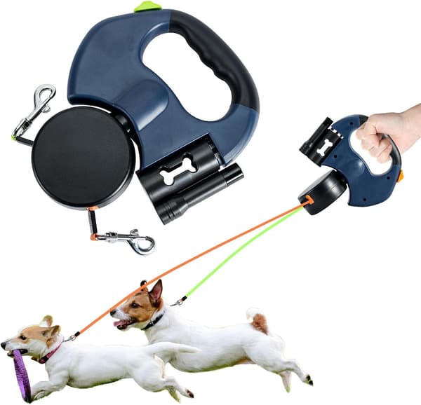 NineClouds Retractable Dubbelkoppel för 2 Hundar, 3M Dubbelkoppel med LED-ljus