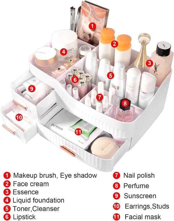 Makeup-arrangör med lådor, kosmetikarrangör, för byrå, sovrum, badrum (vit)