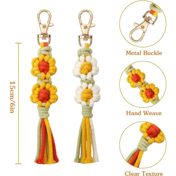 2ST Macrame Armband Nyckelring Daisy Weave Handgjord Boho Rope Telefonhållare för kvinnor Flickor（stil 2）