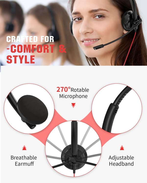 USB-headset med støjreducerende mikrofon, computerheadset med indbygget in-line lydstyrkekontrol