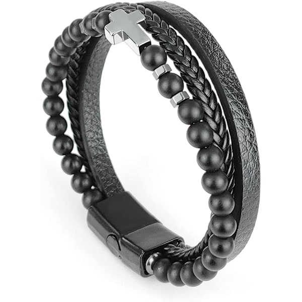 Herr Läder Pärlor Armband Handgjorda Flätade Rostfritt Stål Magnetlås Armband（svart）