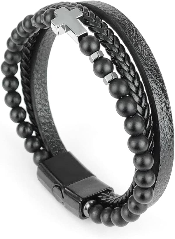 Herre læderperlearmbånd håndflettet rustfrit stål magnetisk lås armbånd (sort)