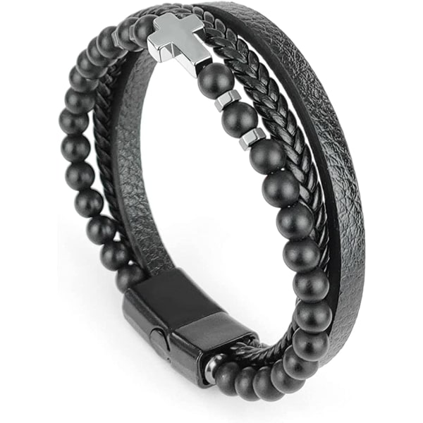 Läderpärlor för män Armband Handgjorda flätade rostfria magnetiska låsarmband (svart)