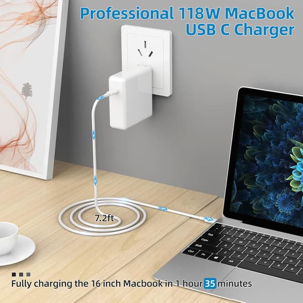 118W USB C-oplader Hurtigoplader til MacBook Pro, iPad Pro, alle USB-C-enheder, 2m USB C til C-kabel