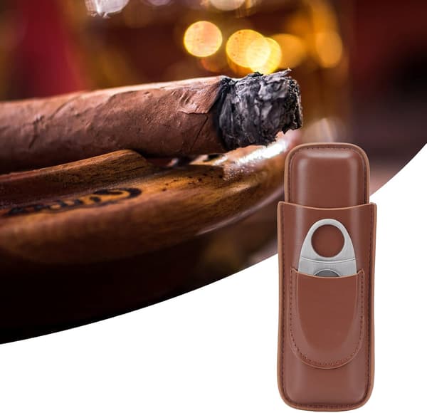 Cigar Etui, Bærbart 2 Fingre Læder Cigar Rejseetui med Cigarklipper, Anvender Elastisk Børstet
