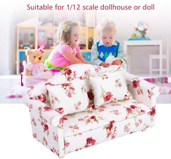 Dukkehusmøbler Sofa, Minisofa med 1/12 blomstermønster, Velegnet til tilbehør