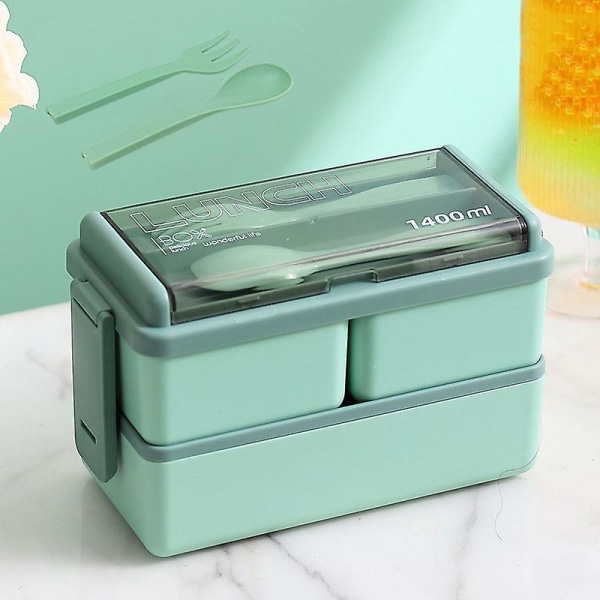 Lunchbox 1400 ml, Snackbox i dubbla lager med 3 fack och skedgaffel（grön） green