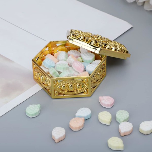 12 st plastbröllopsfavoritlådor Hexagon godisburkar Godisförvaringslådor Presentförpackning（Guld）