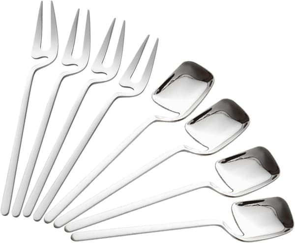 8 stk. dessertgafler og -skeer i rustfrit stål til dessert, te, kaffe, forret (sølv) silver