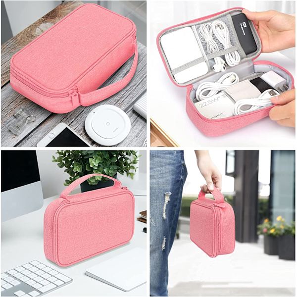 Kabelväska, stor elektronisk väska, arrangör för elektroniska tillbehör, reseväska för kabel, USB-powerbank（Rasa） pink
