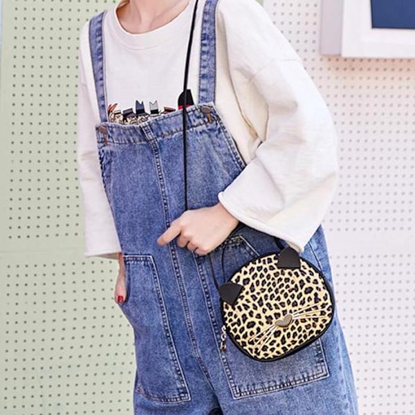 Mini Leopards axelväska Crossbody väska Handväska Söt kattväska Rund myntbricka（leopardmönster） Yellow
