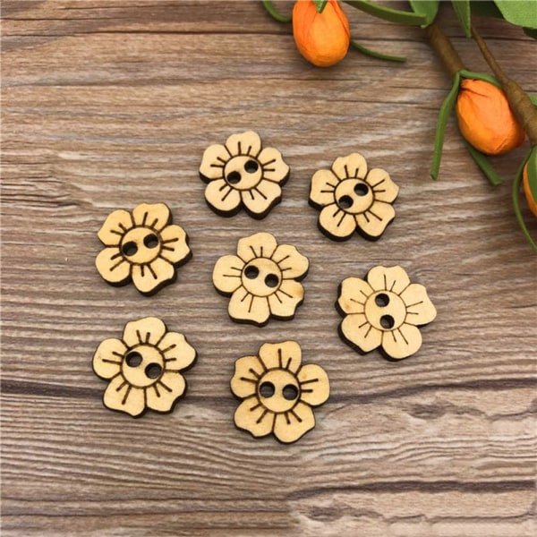100 st solida träblommor knapp 2-hål fem kronblad knapp barn tröja DIY kläder (20 MM)