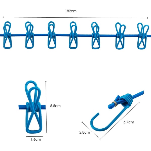 Röd lång kompakt flexibel 12 klädnypor och 2 krokar rese tvättlina – 1,8 m red
