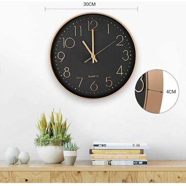 Modern tyst kvartsväggklocka 30 cm, överdimensionerade siffror rund väggklocka, för hem, kök, sovrum, kontor, skola, (roséguld)