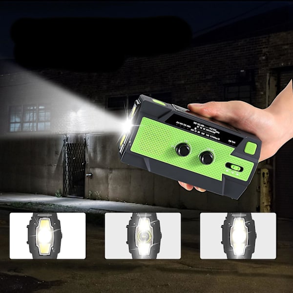 Nödväderradio, solcellsdriven vevradio, bärbar NOAA-väderradio med ficklampa och rörelsesensorlampa, mobiltelefonladdare, SOS-larm green