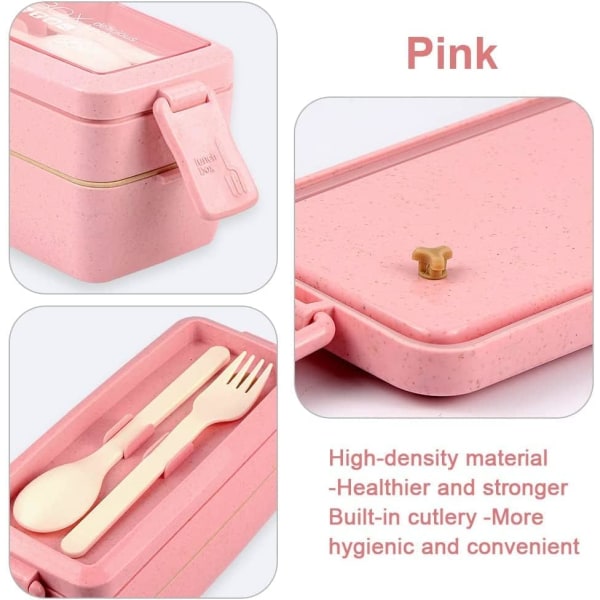 Lunchlåda, Bento-låda med fack, läckagesäker lunchlåda, besticksked och gaffel (rosa) Pink