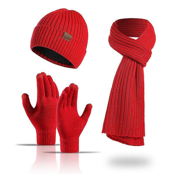 Beanie Hat Scarf Handskar Set 3 delar, Elastisk stickad mössa Halsvärmare Touch Screen Handskar, Röd Red