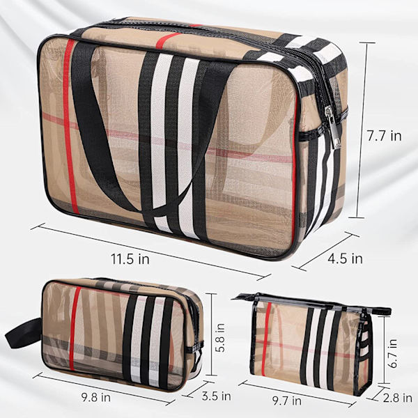 3-pack randig sminkväska set bärbar transparent vattentät researrangör multifunktionell arrangör kvinnor och flickor checker sminkväska