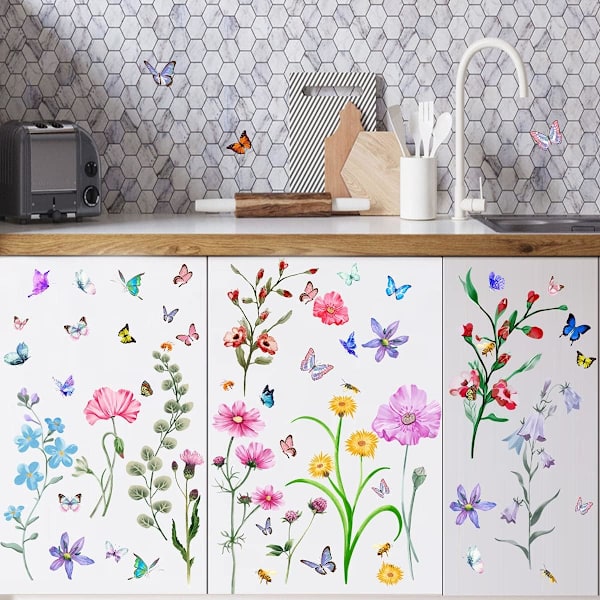 Väggklistermärke Sovrum Vardagsrum Färgglada Blommor Fjärilar Väggdekoration för Vardagsrum Sovrum