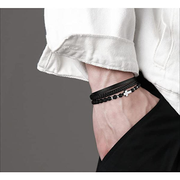 Herr Läder Pärlor Armband Handgjorda Flätade Rostfritt Stål Magnetlås Armband（svart）