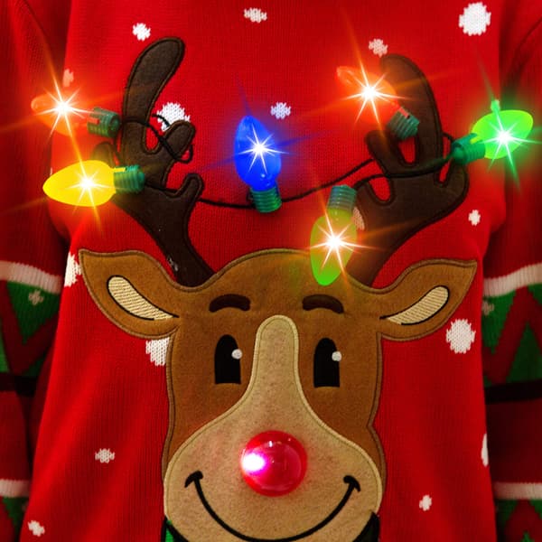Dame LED lysende rensdyr grim julesweater med indbyggede pærer (Medium, Rød) m