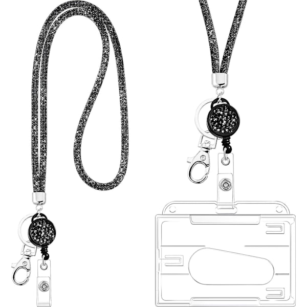 Korthållare med snodd, nyckelring, kristallsnöre, halsband, ID-korthållare (svart) Black