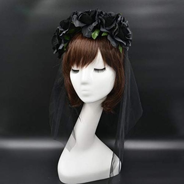 Halloween gotisk blomsterkrans med svart slöja hårband cosplay bröllop huvudbonad（svart） black