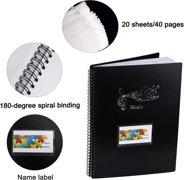 A4 Størrelse Papirmappe Opbevaringslommer 40 Lommer Kor Band Nodeholder (Sort) Black
