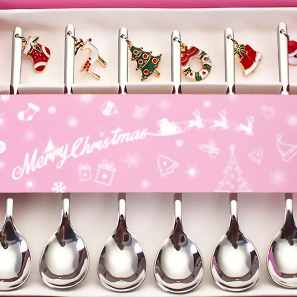 6PCS Jul rostfritt stål efterrätt kaffesked set presentask (silver) silver