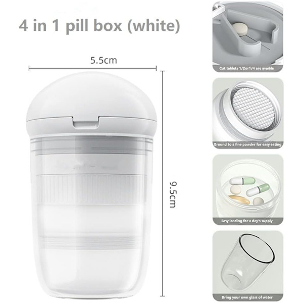 Multifunktionell 4 i 1 pillerklippare, pillerkvarn, pillerorganisatör, liten rese pillerbox (vit) White