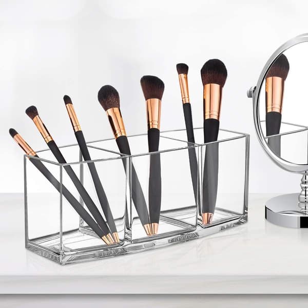 Klar opbevaringsboks til makeupbørster, akryl displayboks til makeupbørster, 3 rum