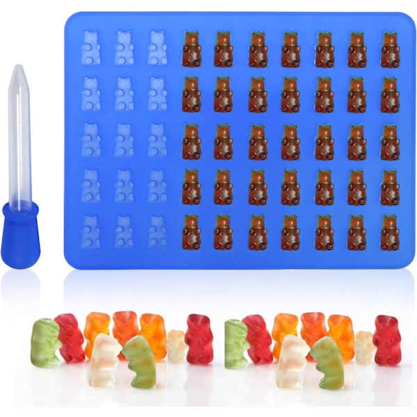 Silikonformar för godis, Gummy Bear-formar Isbitbrickor 50 hålrum Geléformar med dropp (blå) blue