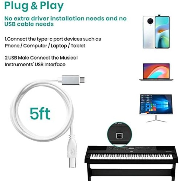 USB C till USB B 2.0 MIDI-kabel, typ C till USB MIDI-kabel elektroniskt musikinstrument och mer