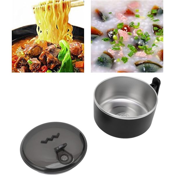 Isolerad skål, Ramen skål, 304 Rostfritt stål Dubbel Instant Pastaskål med lock (Svart) Black