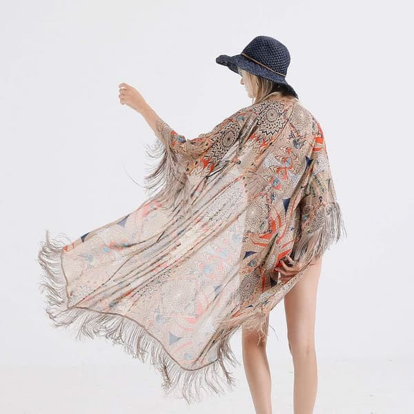Dame Sommer Halværme Chiffon Cardigan Blomstret Trykt Frynser Kvast Patchwork Bikini Cover