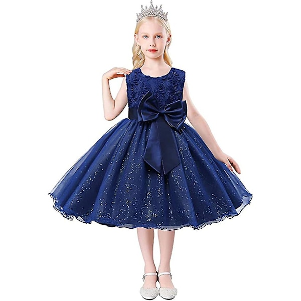 Flickor Mesh Båge Klänning Båge Ärmlös Tulle Spets Flickklänning (Mörkblå, 150CM) navy blue 150cm